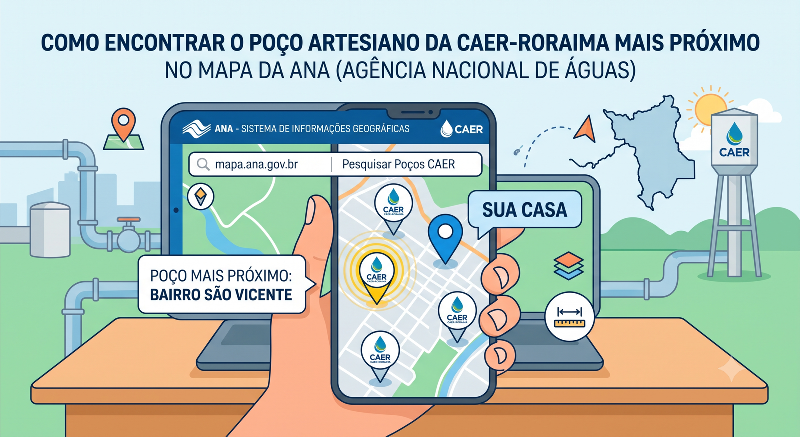 Como encontrar o poço artesiano da CAER-RORAIMA mais próximo da sua casa no mapa da ANA