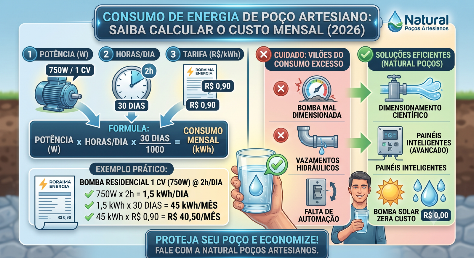 Quanto consome de energia elétrica a bomba do poço artesiano? Saiba calcular o custo mensal em 2026