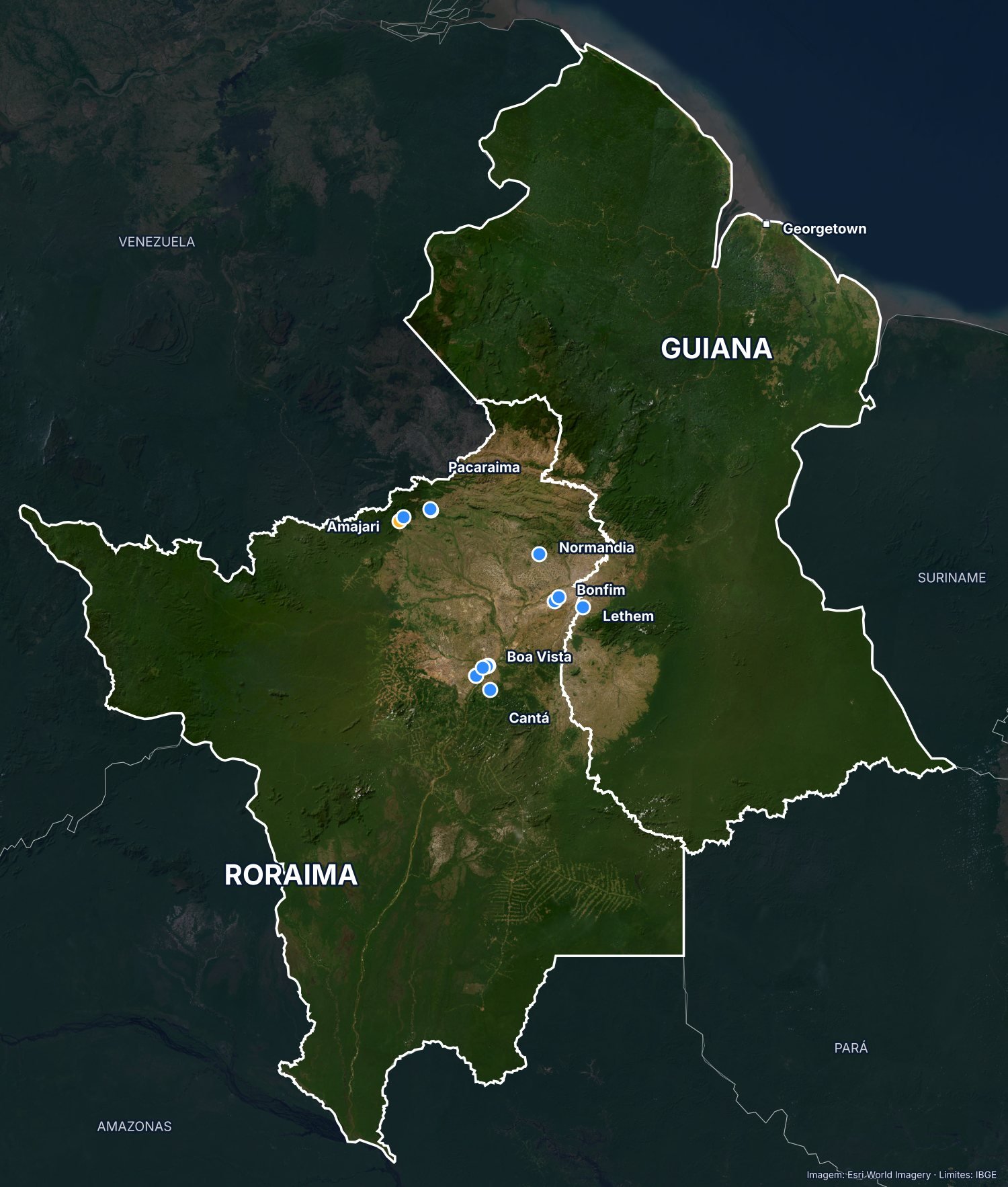 Mapa de satélite de Roraima e da Guiana com os poços e estudos geofísicos da Natural Poços Artesianos