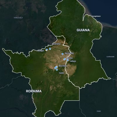 Mapa das obras de poço artesiano em Roraima e na Guiana