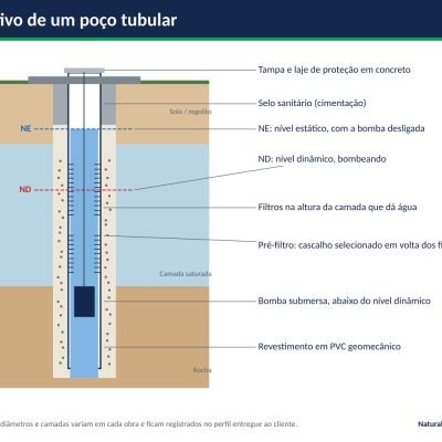 Perfil construtivo de poço tubular com revestimento, filtros, pré-filtro e bomba submersa